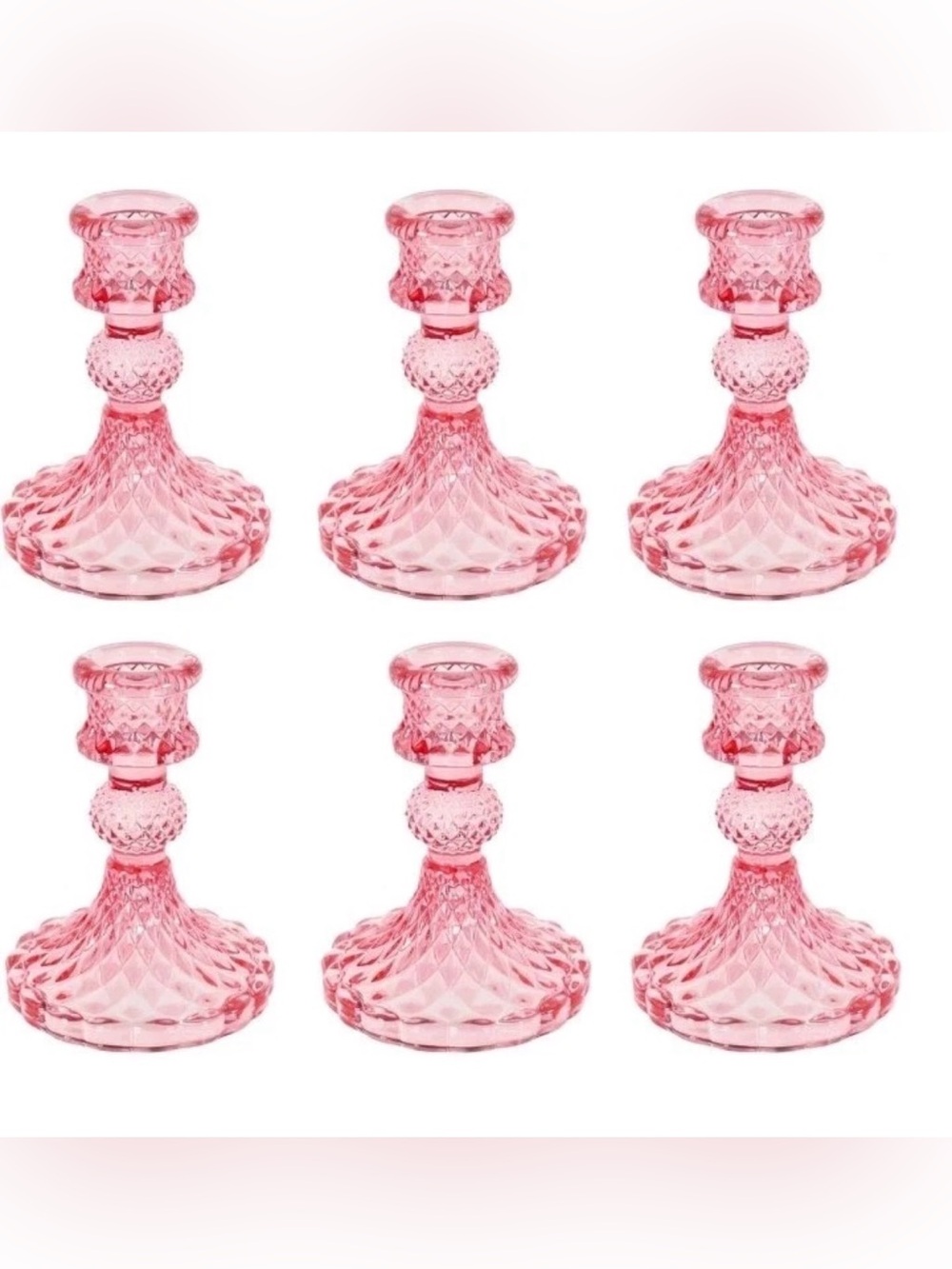 Pink Glass Candlestick Holder Striped Taper Candle Holders Set of 6 NWOT